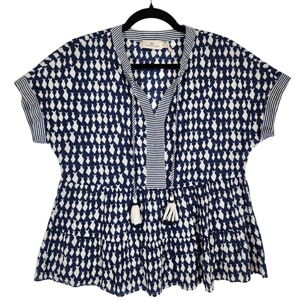 Vineyard Vines Diamond Fish Tiered Top Tassel‎ Tie Neck Cotton Nautical Navy XS